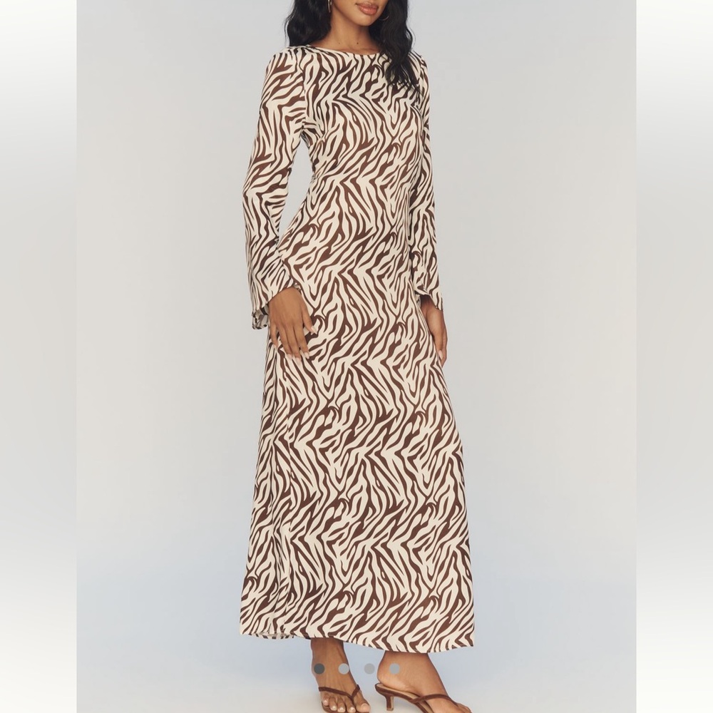 By Anthropologie Long Sleeve Maxi Slip Dress Brown Zebra Print